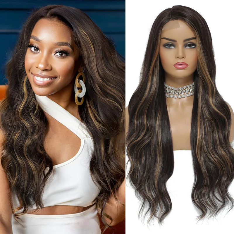 , European and American women's wig, front side-parted long curly synthetic hairpiece, small lace highlights, wigs