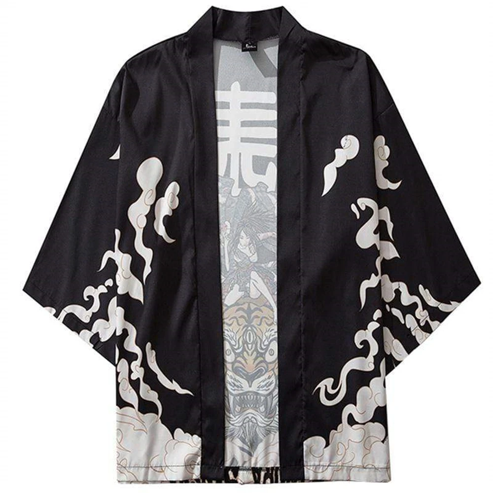 Handsome tiger print Japanese style men's cardigan kimono daily casual men's three-quarter sleeve top without button loose and c