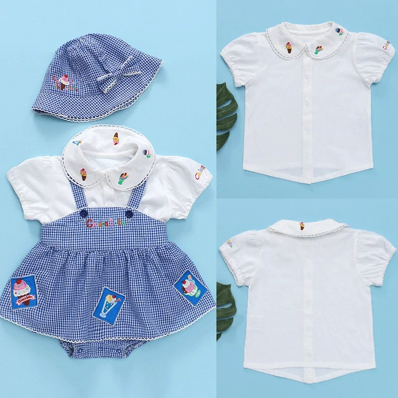 Girls Blouse New Summer Baby Ice Cream Embroidered Puff Sleeve Doll Collar Short Sleeve Shirt Versatile Fashion Korean Version