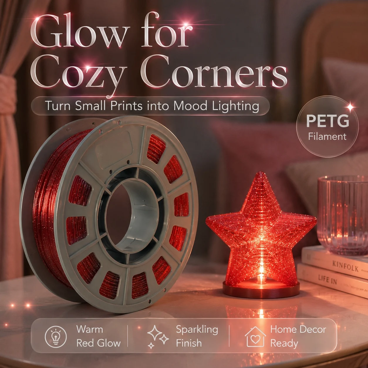 Glitter Translucent Red PETG Filament 1.75mm 300g Mini Spool - Sparkle Crimson 3D Printing Material for Mood Lighting Home Decor Lampshades Fit Bambu Lab AMS