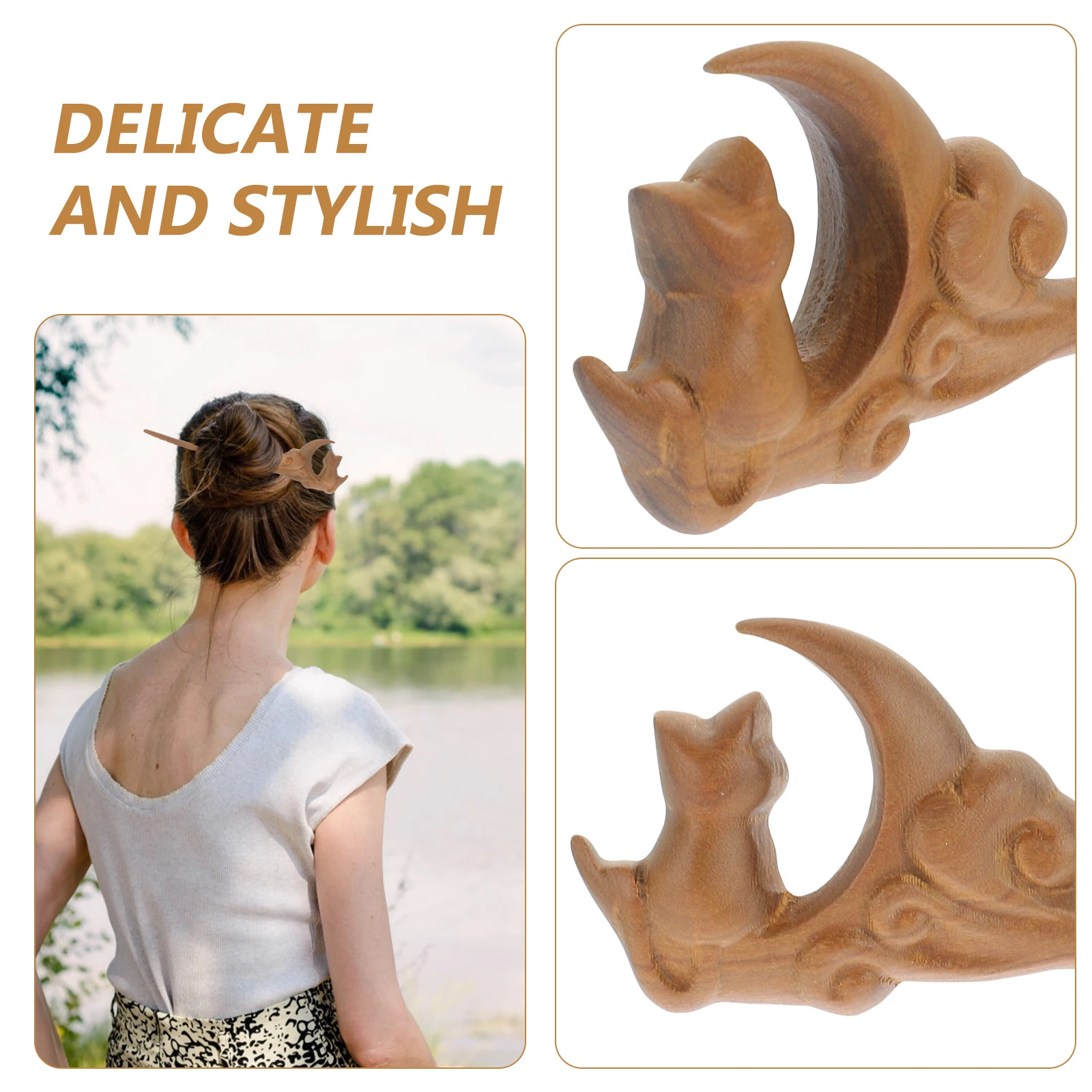 

Sandalwood Hairpin Moon Cat Design Bun Stick Headgear Traditional Chinese Hanfu Accessories Women Headdress Long Hair Sticks
