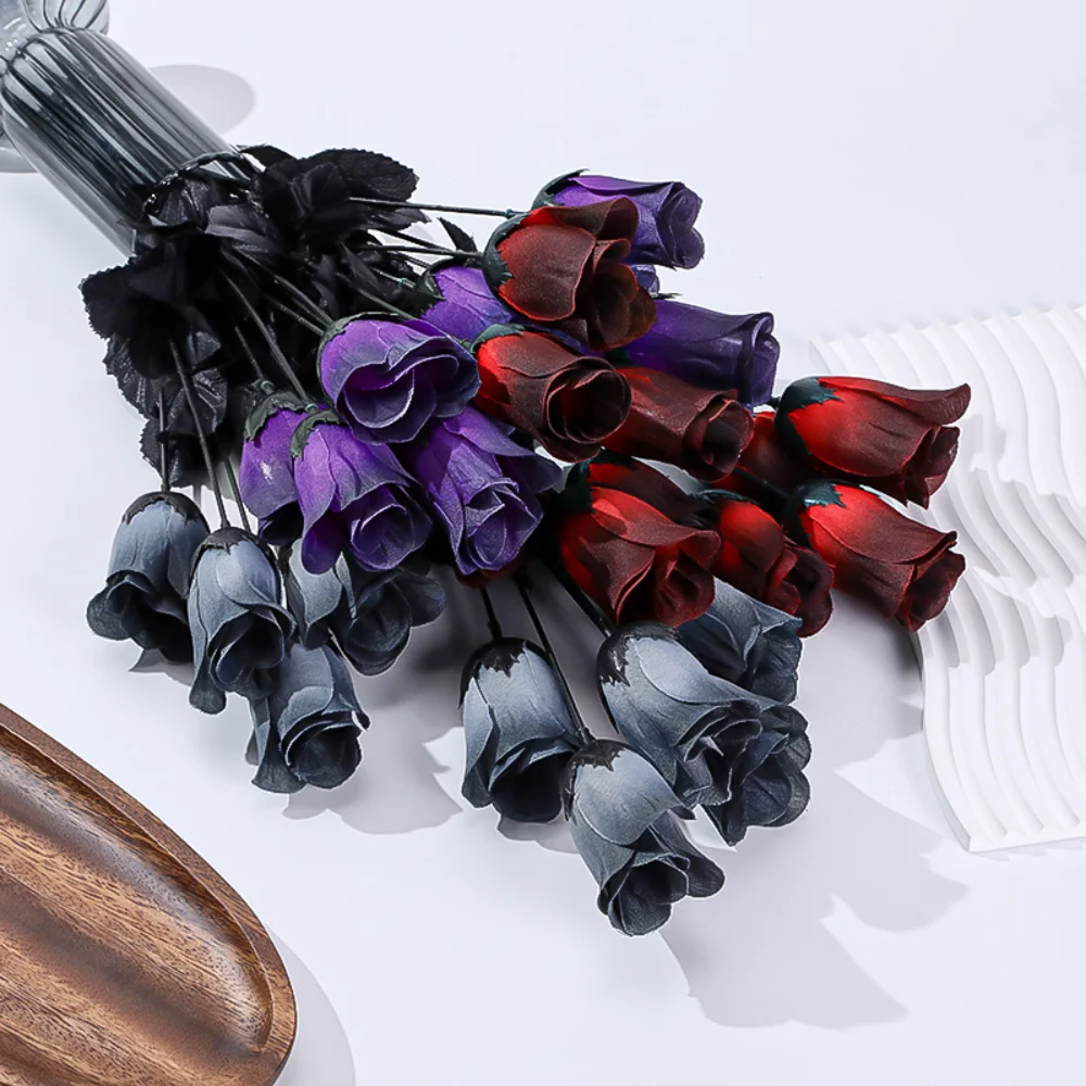 Gothic Black Silk Rose Artificial Flowers Bride Wedding Hand Holding Bouquet for Party Wedding Home Garden DIY Halloween Decor