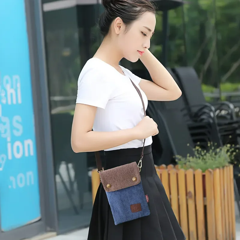 Women's Solid Color Mini Mobile Phone Bag Female Casual Small Crossbody Shoulder Bag Canvas Light Messenger Bag for Student