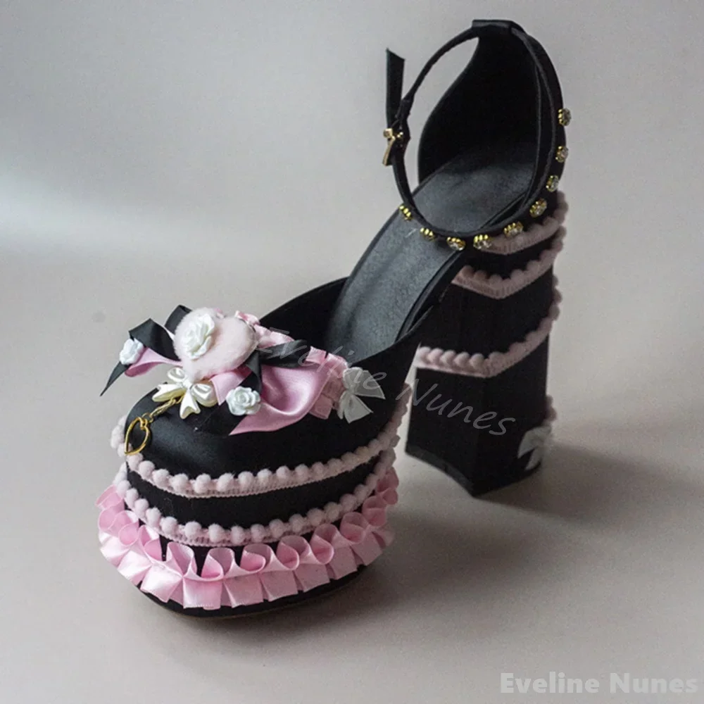 Sweet Cute Lolita High Heels Women Butterfly Knot Rhinestone Ankle Strap Cake Skirt Sandals New Party Cosplay Chunky Heel Pumps