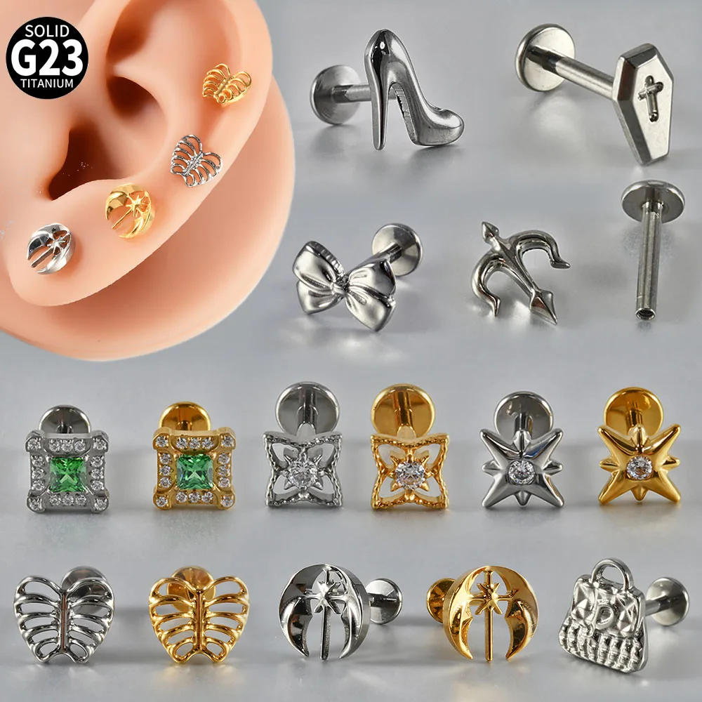 1PC Hollow Skeleton Titanium Lip Studs Internal Thread Wing Ear Helix Tragus Cartilage Earrings Body Piercing Jewelry 16G