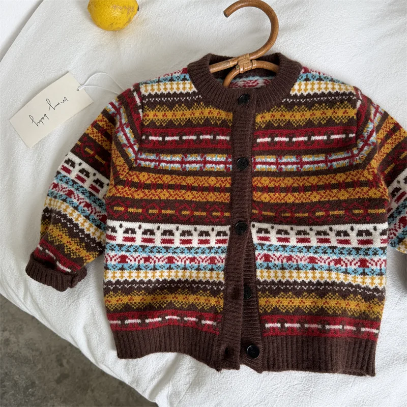 Children's Sweater 2026 Autumn New Boys' and Girls' Color blocked Sweater Cardigan Baby Retro Knitted Coat