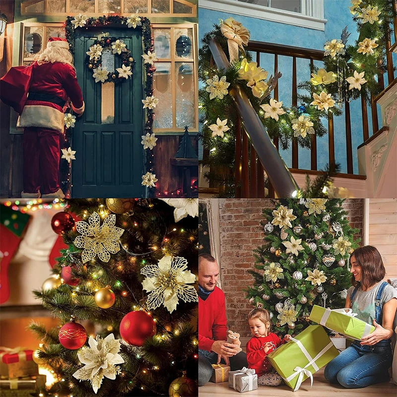 8/16 Stück Weihnachtsdekorationen, glitzernde künstliche Blumen, Weihnachtsbaumschmuck für Heimdekoration, gefälschte Blumen, Weihnachten, Neujahrsgeschenke – Detail 6