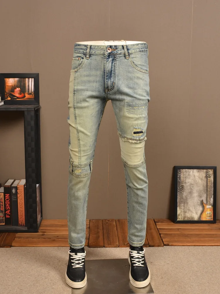 Nostalgic Retro Yellow Mud Color Ripped Stitching Jeans Men's Fashion Elastic Slim Fit Skinny Stitching Motorcycle Style Pants