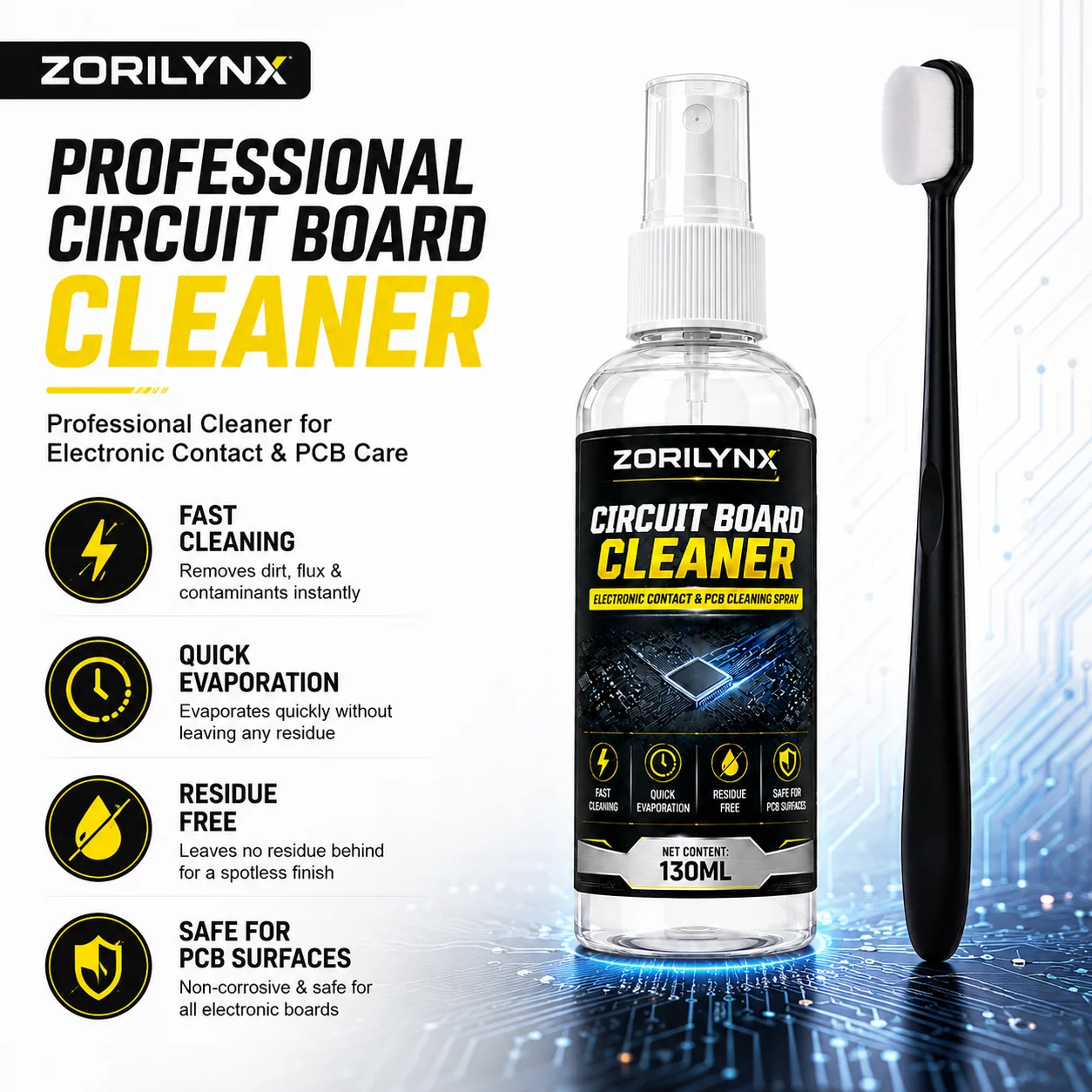ZORILYNX 130ml Circuit Board Cleaner Kit with Soft Cleaning Brush, Fast-Evaporating Spray for PCB and Electronic Contacts