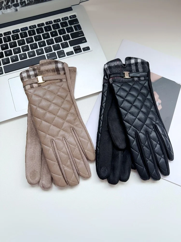 AliExpress NONE Classic Thousand Bird Plaid PU Leather Gloves For Women Winter Warm Plush Touch Screen Outdoor Cycling Gloves