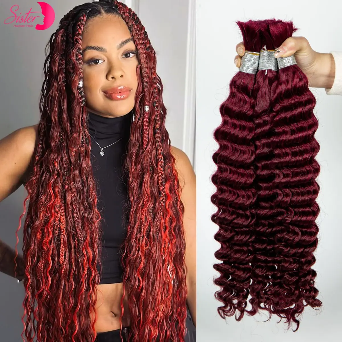 Human Braiding Hair Bulk 99J for Boho Braids Human Hair Water Wave 2 Bundles 100g Wet and Wavy Bundles for Boho Knotless Braids