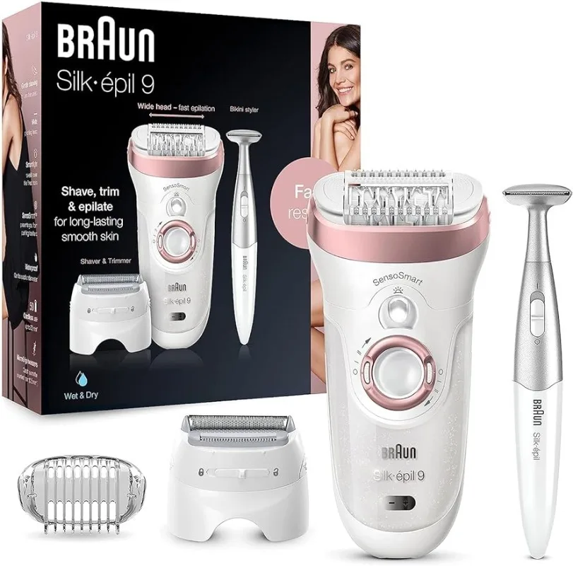 

Braun Silk-épil 9 9-890, Facial Hair Removal Device for Women, Bikini Trimmer, Womens Shaver Wet & Dry, Cordless and 7 extras