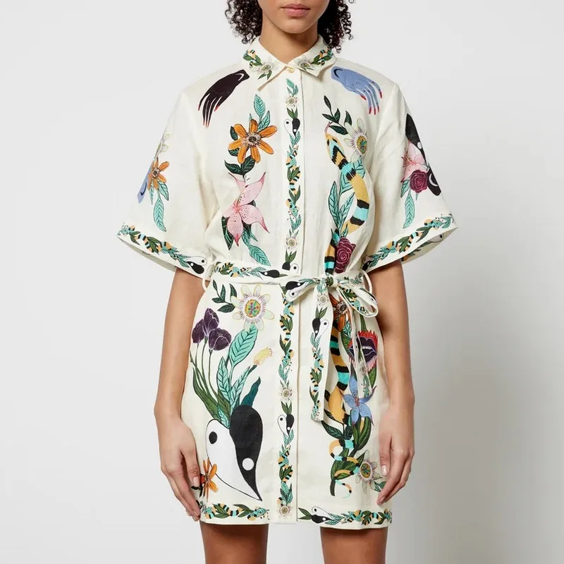 

Австралийское льняное платье-рубашка с принтом, повседневное винтажное свободное женское платье с коротким рукавом