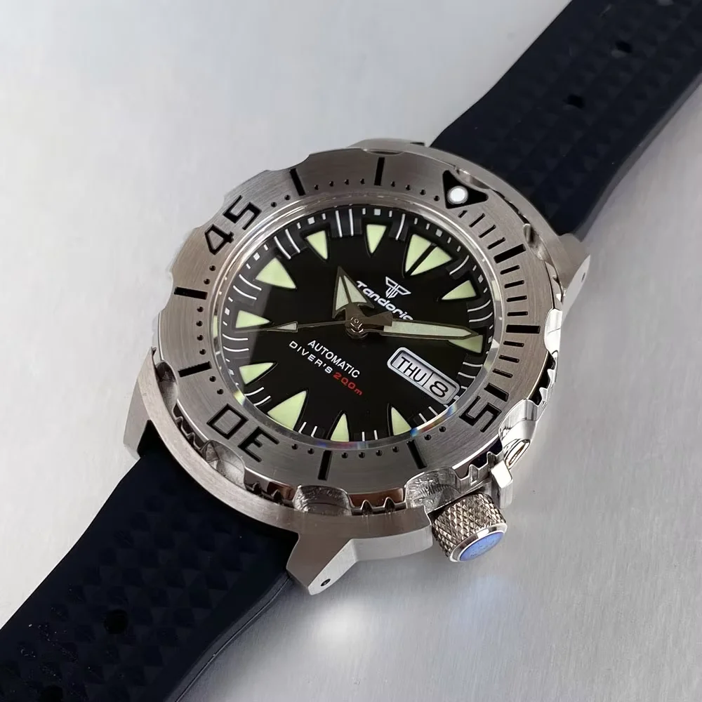 Tandorio 42mm Black Monster Sapphire Crystal Glass 200m Waterproof Diver Men Watch For NH35 Mechanical Men's Diver Watches