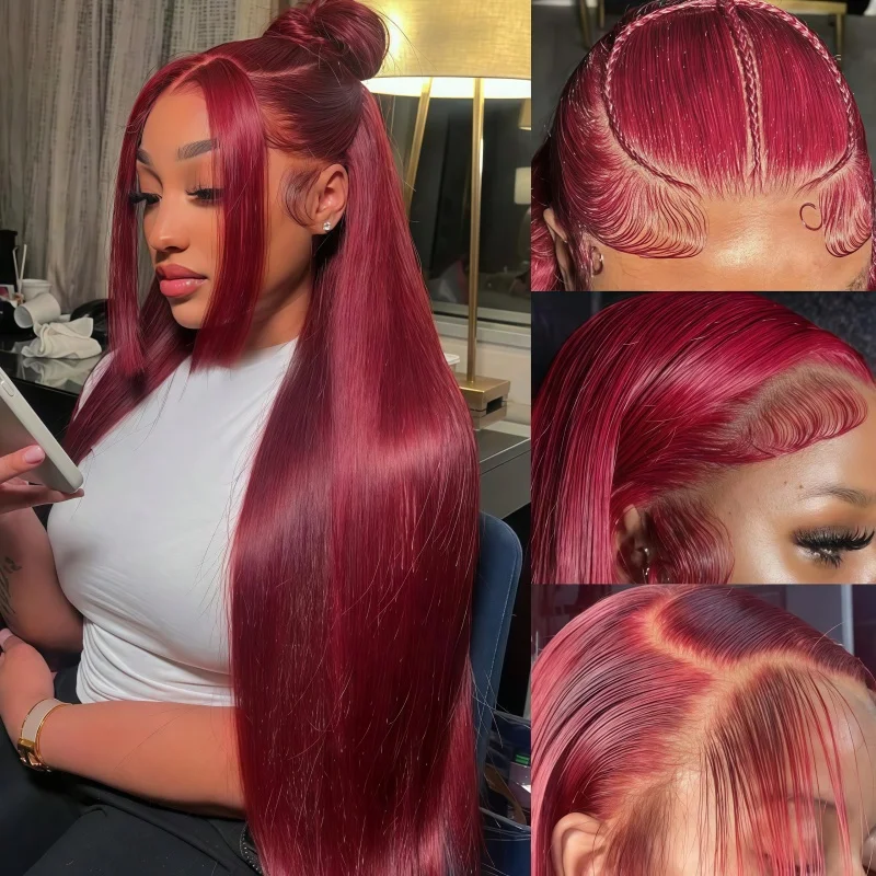 34 Inch 99J Burgundy Straight Brazilian Human Hair Wig 13x4 HD Transparent Lace Frontal Wig Pre Plucked Natural Hairline For Women