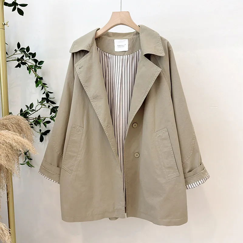 SuperAen Spring and Autumn New Korean Style Casual Slim Loose Solid Color Plaid Patchwork Mid-length Cotton Jackets Coats