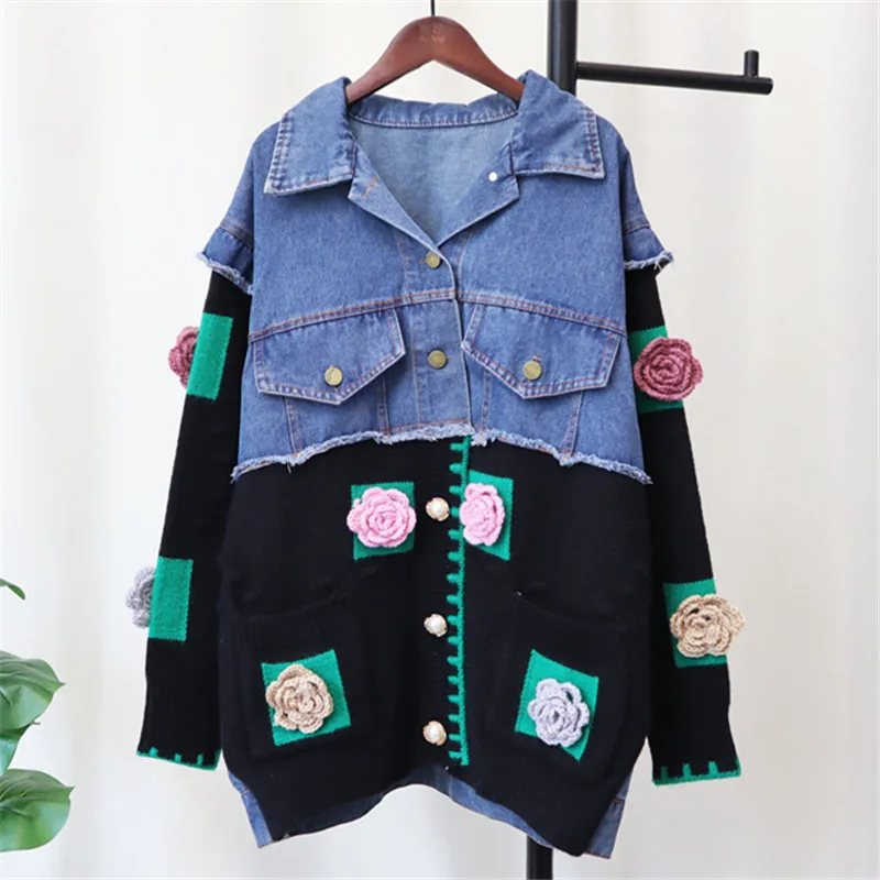 Cardigan Women Denim Spliced Knitted Sweater Jacket Floral Decorate Fashion Lapel Knit Coat Female 2022 Autumn Winter Sweaters