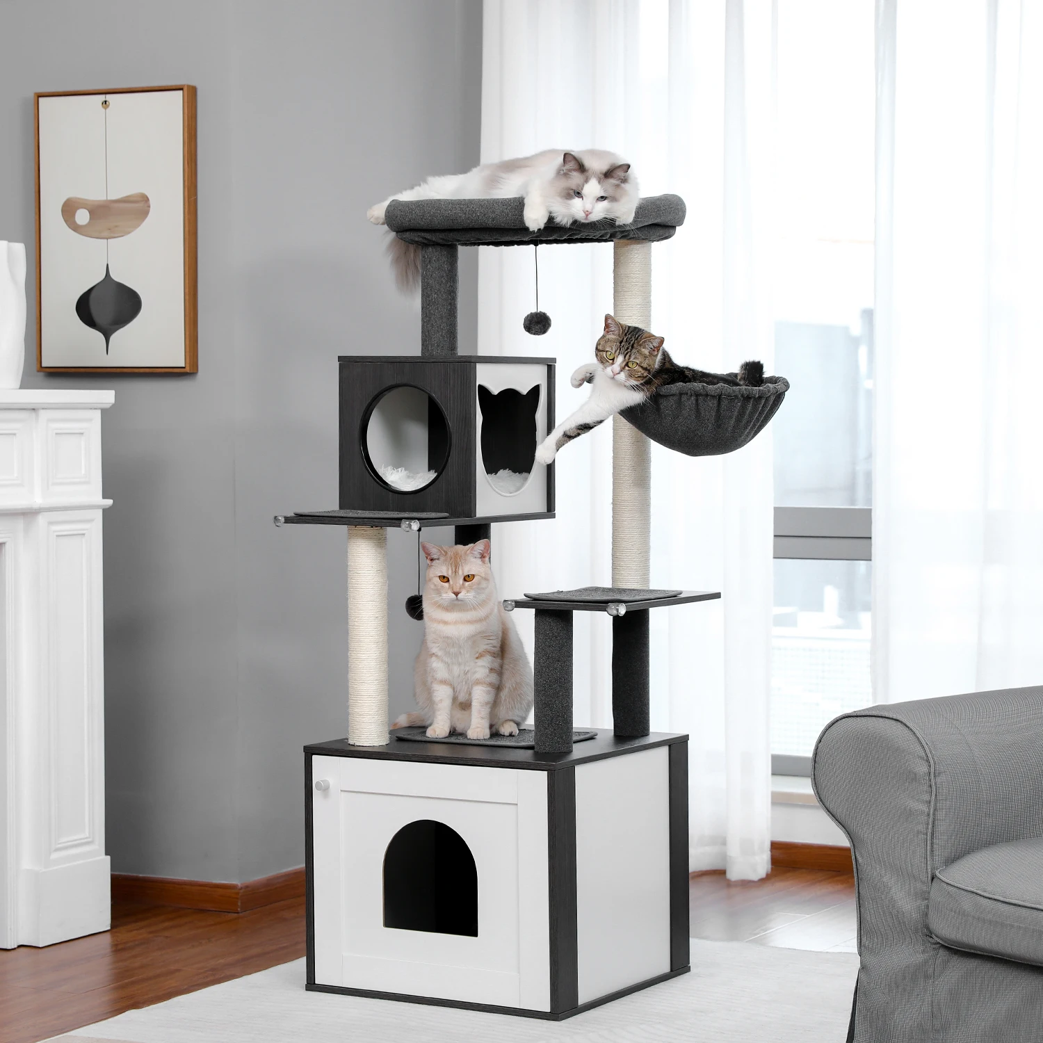 

Wood Cat Tree with Litter Box Enclosure Large Cat Tower with Storage Cabinet and Cozy Cat Condo Sisal Covered Scratching Post