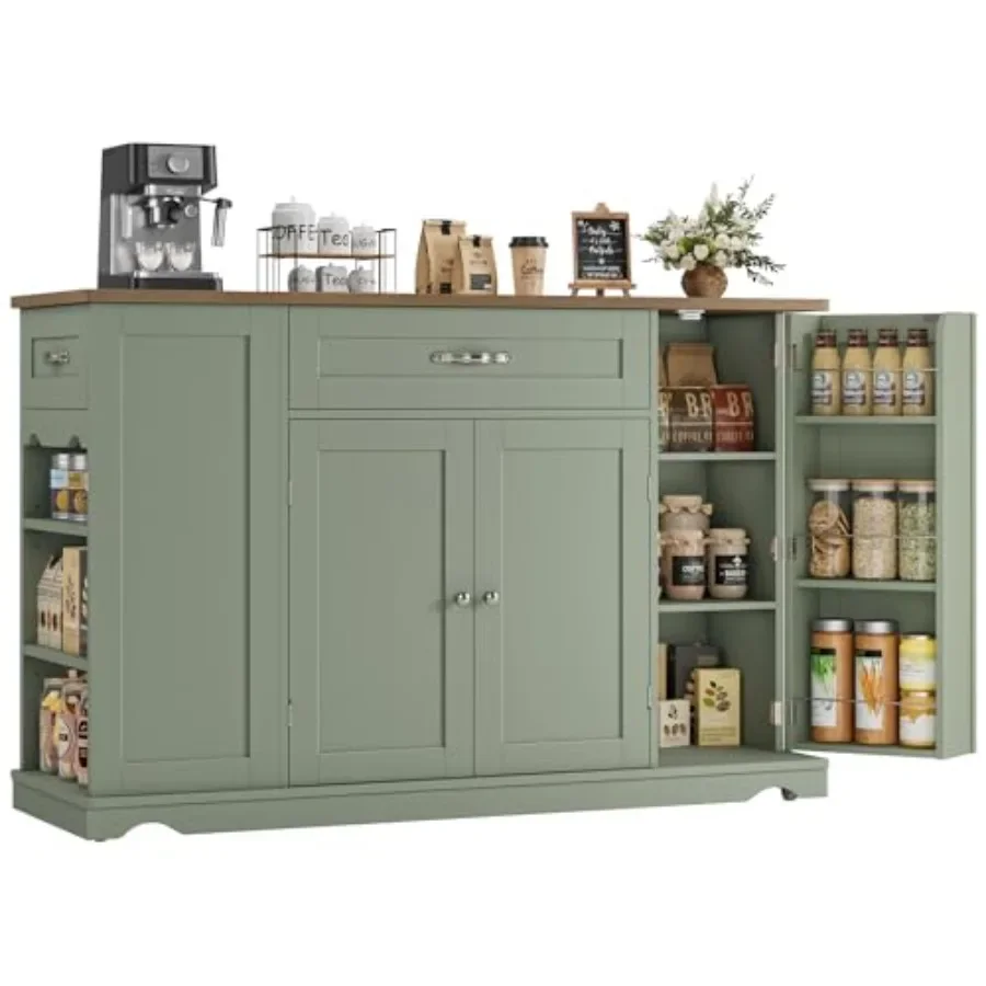 47 W Kitchen Island Cart with Storage, Rolling Island Table, Green, Heavy-Duty Steel Frame, Easy-Roll Casters, Multi-Tier Organ