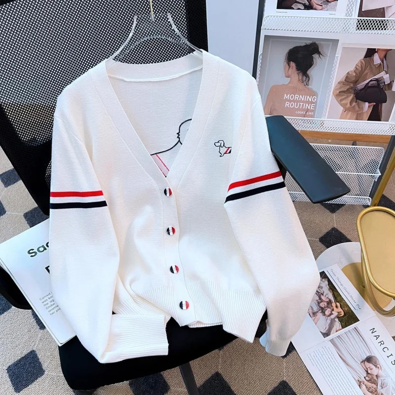 2024Autumn and Winter New Sweater Coat Women's Cardigan White Preppy Style Striped Color Matching Sweater Thickened Outer Tops