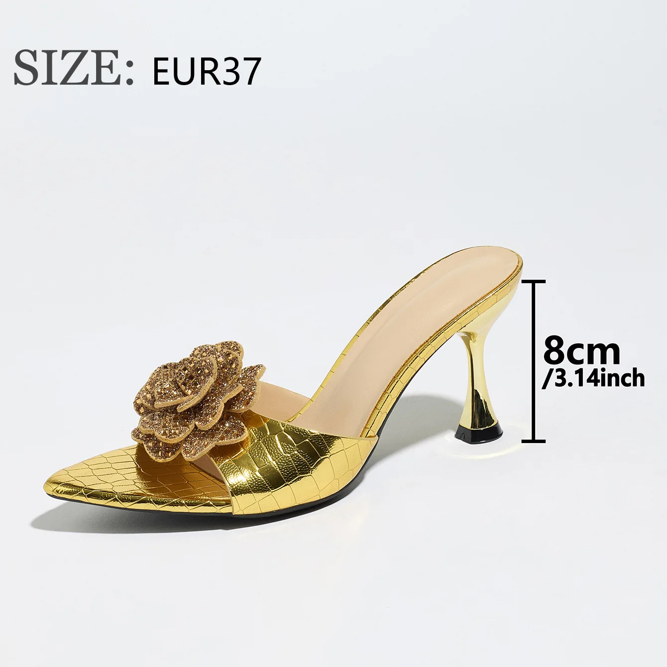 KM-ROYA 8CM/3.14inch Heel Gold Flip Flops Diamond Rose Heel Slippers Women Dress Pumps Shoes Outdoor Gladiator Sandals view 4