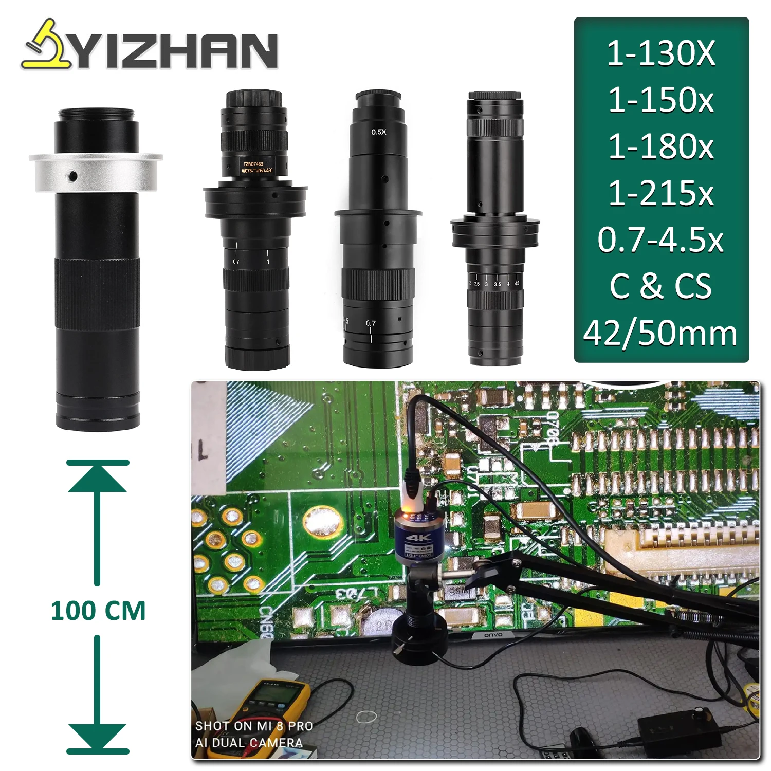YIZHAN 215x 180x 150x Lens 0.7X~4.5X Adjustable Magnification  Industry Microscope Lens Multiples CS C-MOUNT For HDMI USB Camera