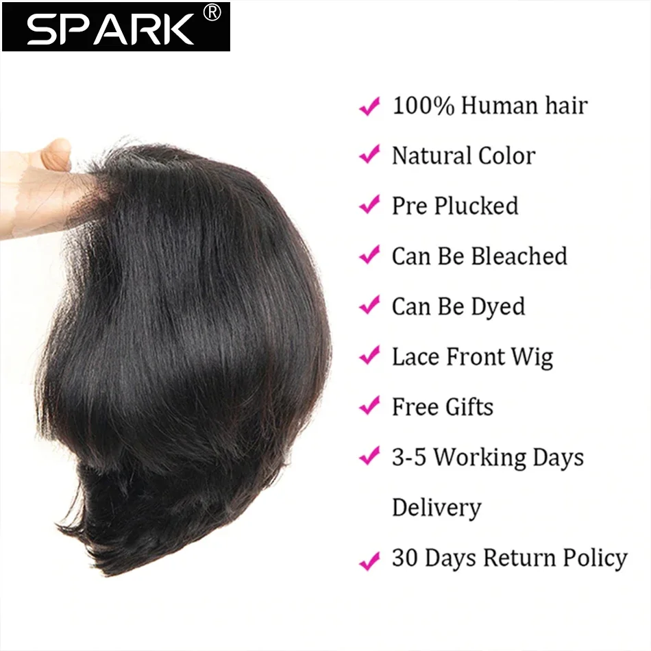 SPARK-Perruque Bob en Cheveux Naturels Courts et Lisses, Coupe Pixie, Dentelle Transparente, Pré-Plumés, pour Femme