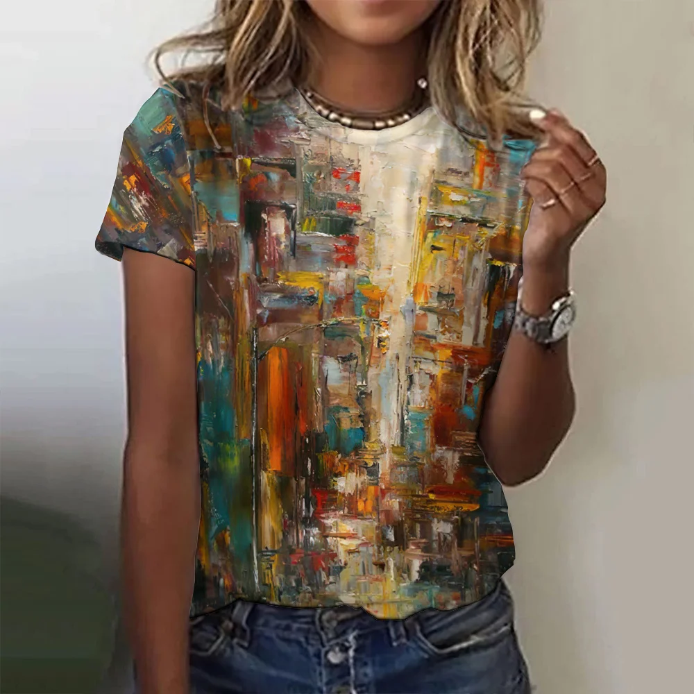 Colorful Oil Painting Pattern 3D Print Women's T-Shirts Round Neck Short Sleeve T Shirt Y2k Harajuku Tees Tops Female Clothing
