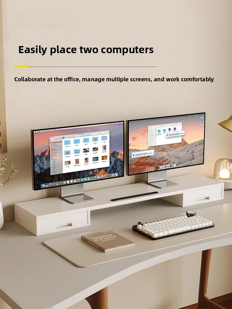 desktop-monitor-riser-stand-computer-screen-base-pad-high-office-desk-with-drawer-storage-shelf-simple-wooden-square-two-layers