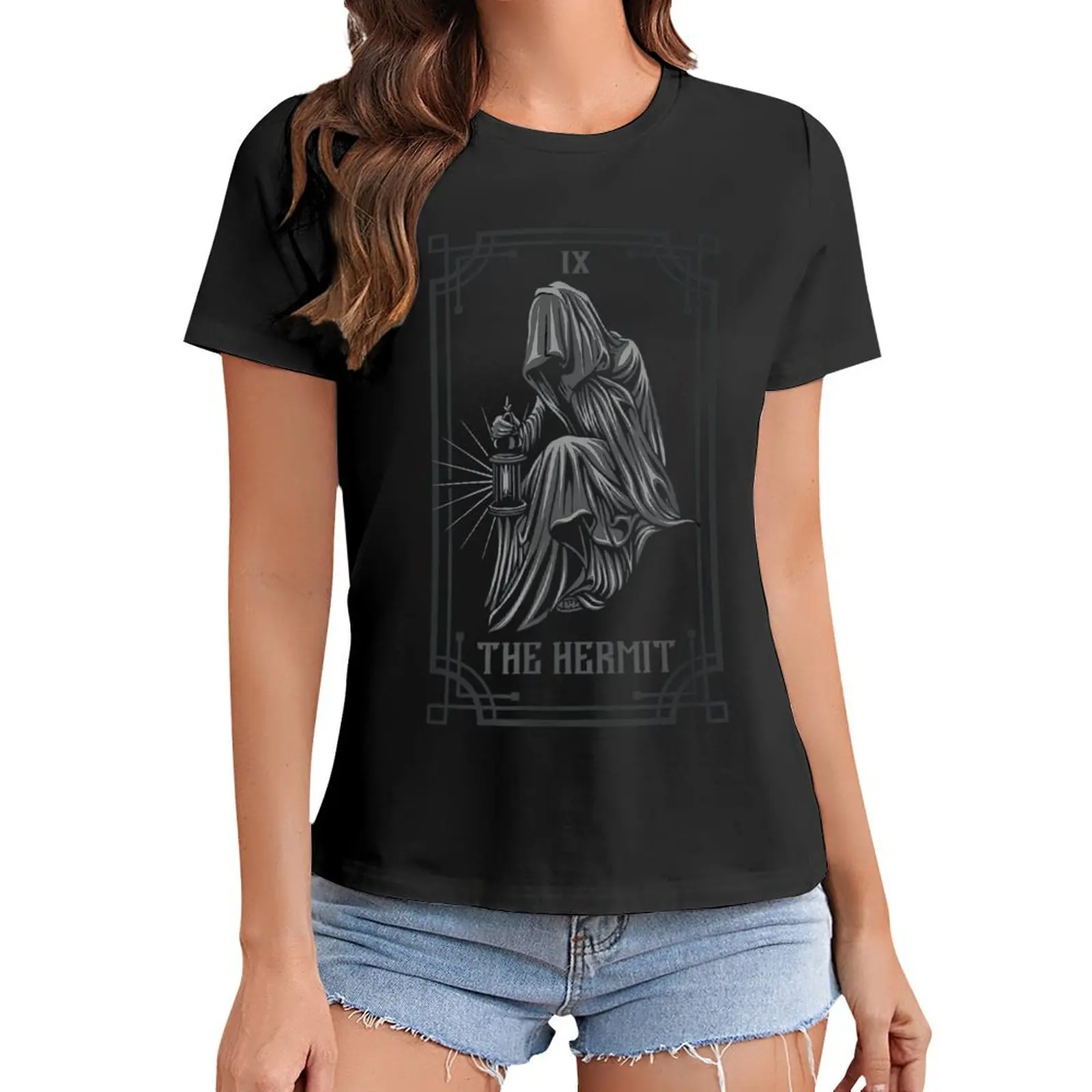 The Hermit IX Gothic Tarot Card T Shirt Women  Graphic Shirts T-Shirt Casual Short Sleeved Black Female Tee T-shirts