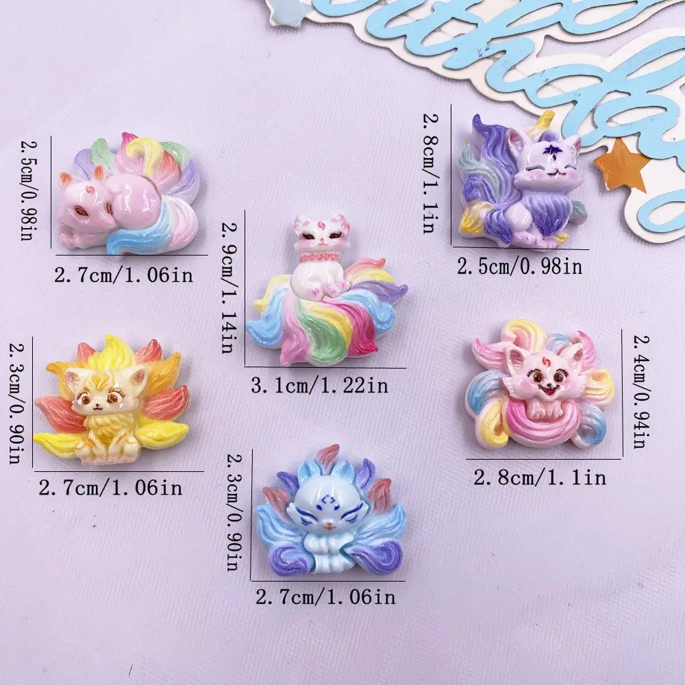 8PCS Resin Cute Colorful Cartoon Seven Tailed Fox Figurine Flatback Stone Animals Scrapbook DIY Jewelry Decor Crafts Accessories
