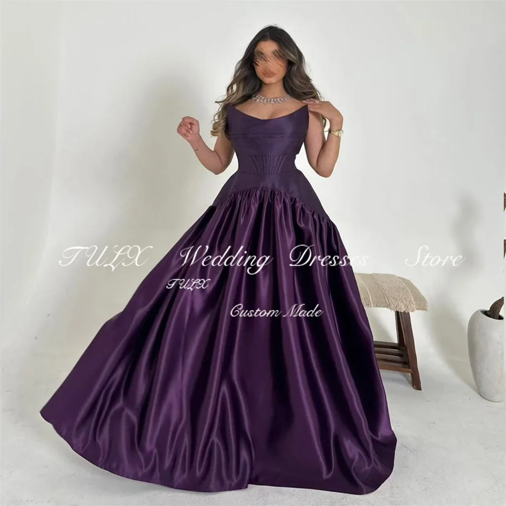 TULX Elegant Deep Purple Strapless Dubai Party Dresses O Neck A line Pleats Evening Dress Satin Long فساتين سهرة Customized 2025