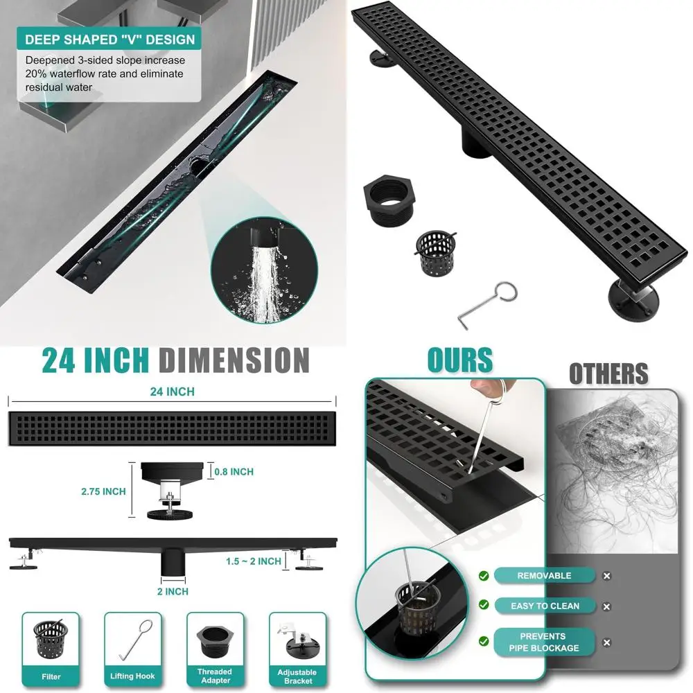 

24 матовых черных прямоугольных линейных слива для душа со съемной решеткой, нержавеющая сталь 304, сертифицированные аксессуары CUPC Inclu