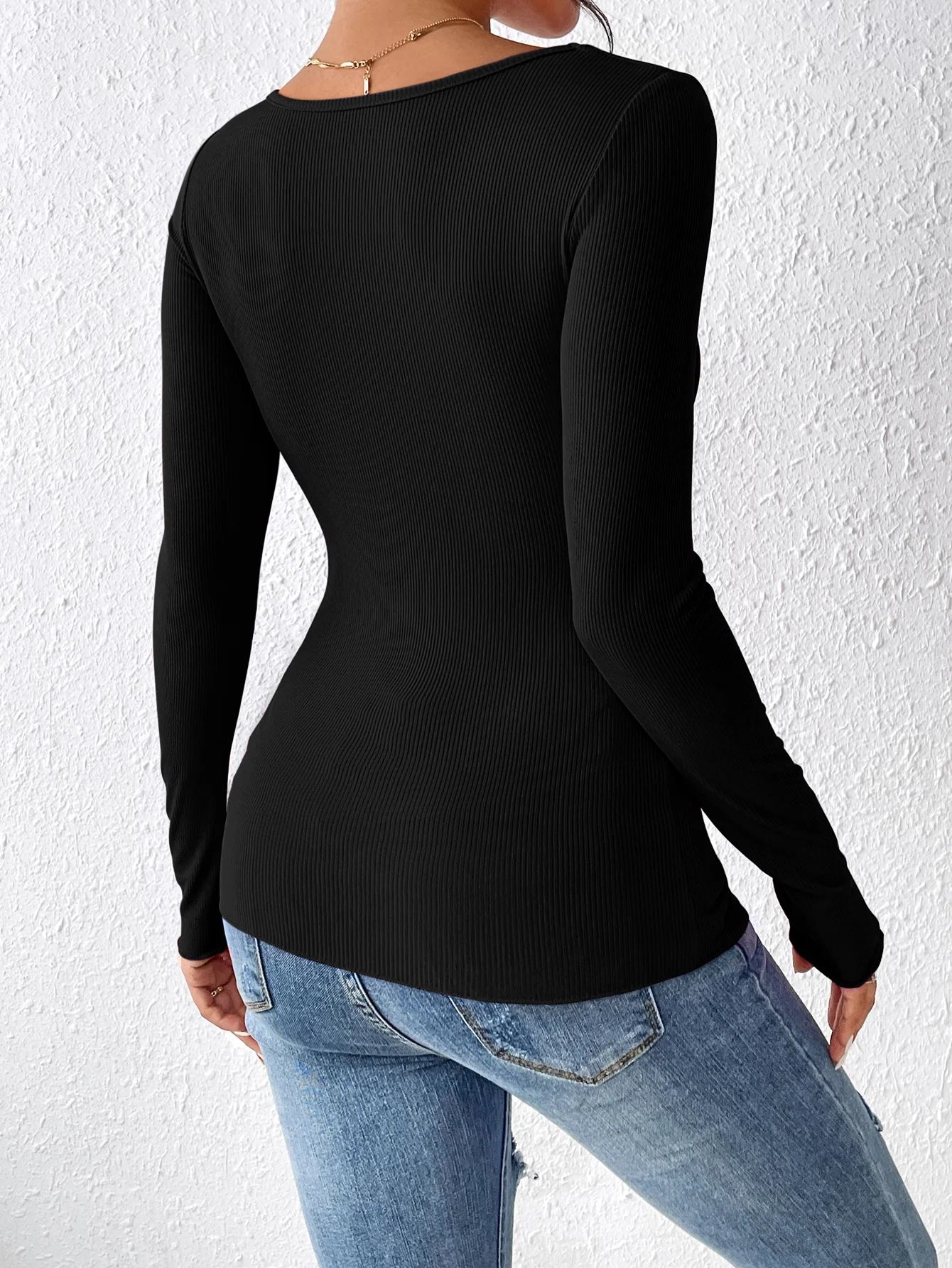 Ribbed Crew Neck T-Shirt, Casual Long Sleeve Top For Spring & Fall, Women\'s Clothing