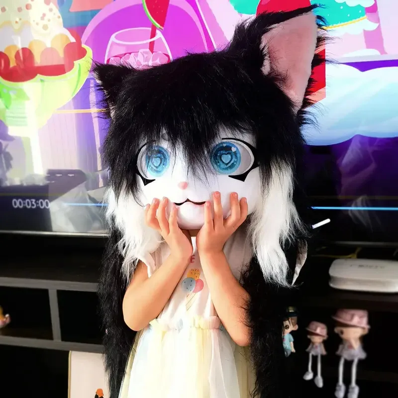Grigio Animale Peloso Fursuit Taglio Carino Volpe Testa di Gatto Maschera Halloween Masquerade Costume Cosplay Puntelli hjk.5