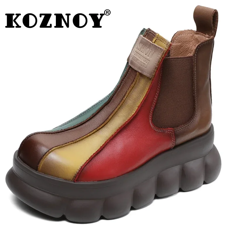 Koznoy 7cm Women Boots Genuine Leather Wedge Spring Mixed Color Chimney Fashion Ankle Elastic Platform Moccasins Autumn Shoes