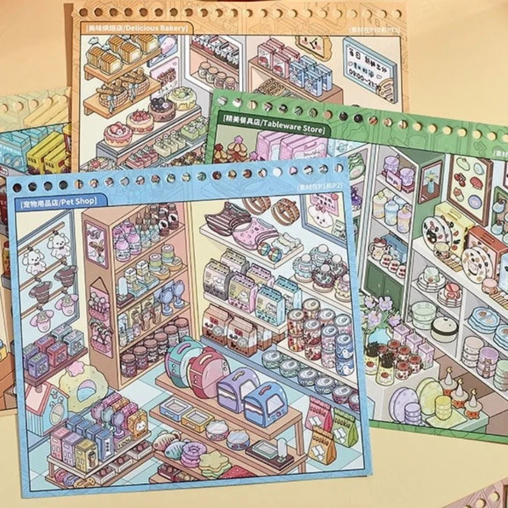 New Store Theme DIY Sticker Book PET Die-cut Kawaii Design Pocket Cabin Sticker 10 Scene Small Town Sticker for DIY