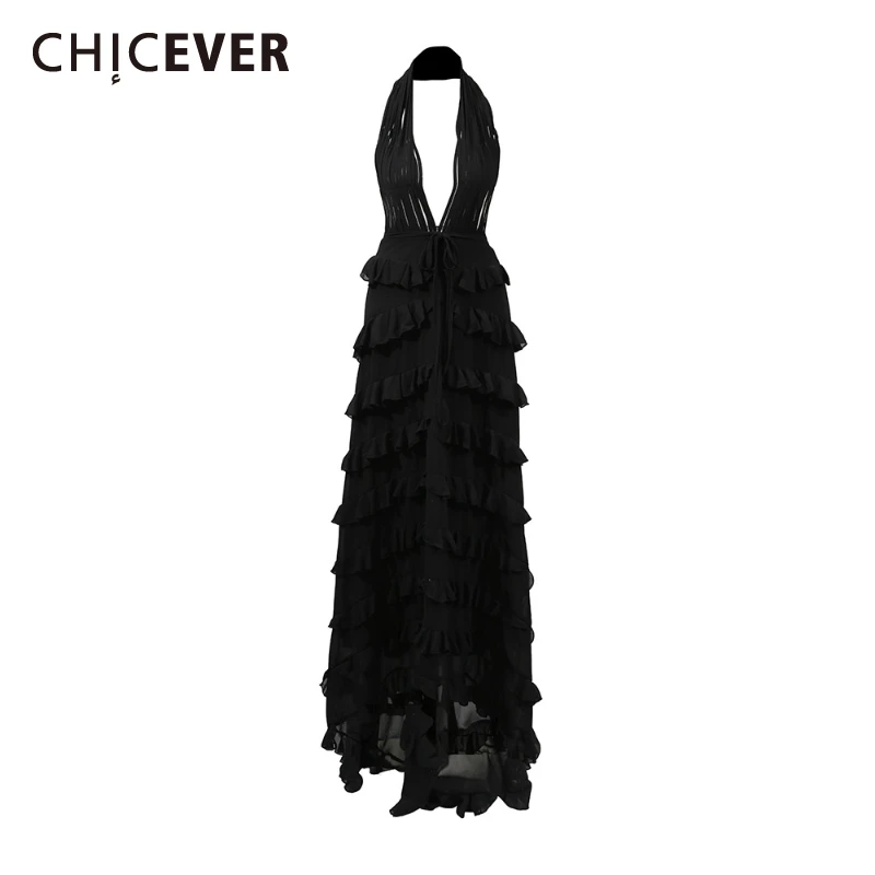 

CHICEVER Sexy Spliced Tiered Long Dresses for Women Deep V Neck Sleeveless High Waist Backless Black Color Evening Dress Female