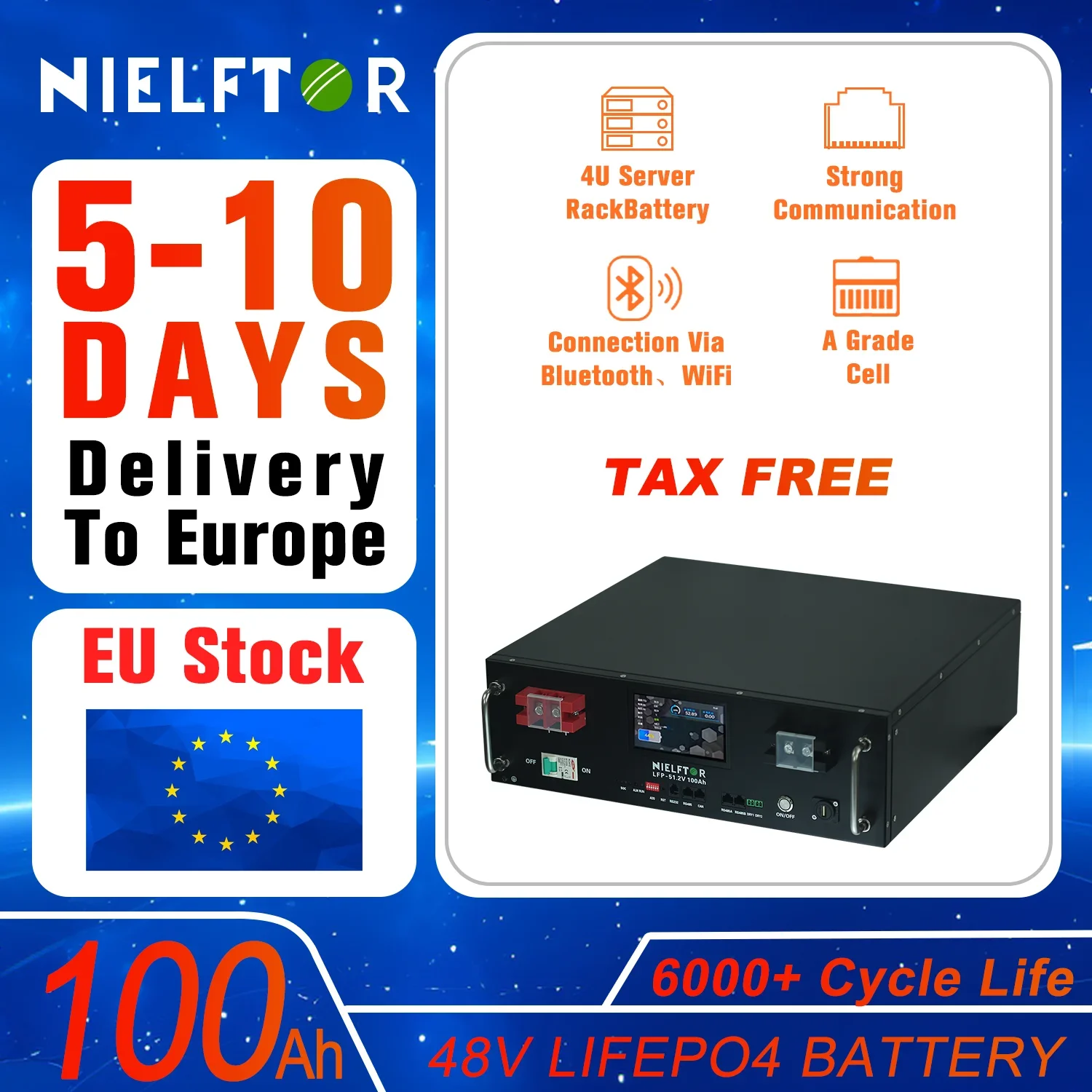 48V 100Ah LiFePO4 Lithium Battery 5.12kWh Capacity Server Rack Battery with Bluetooth Wifi for Off-G