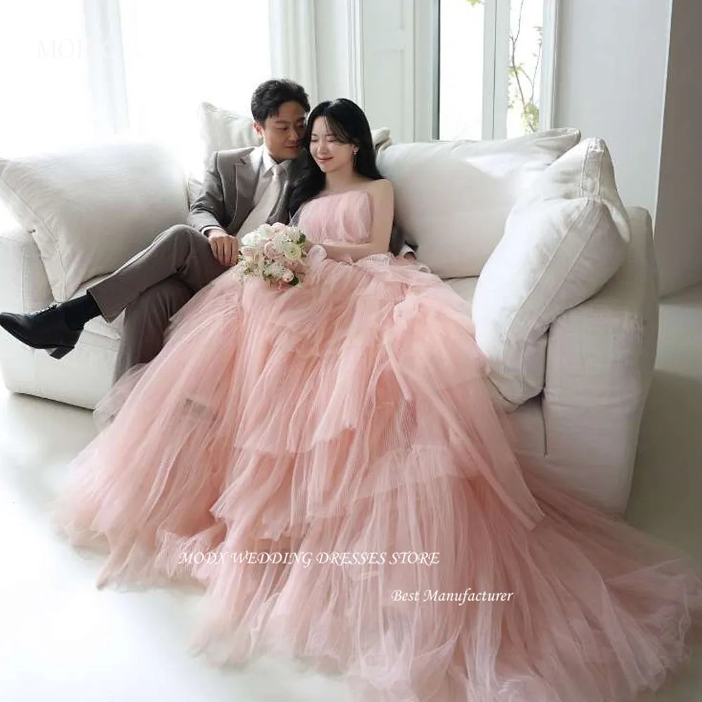 MODX Elegant Blush Pink Tulle Layered Wedding Dresses Korea Photoshoot Strapless Sweep Train Bridal Gowns Evening Party Dress