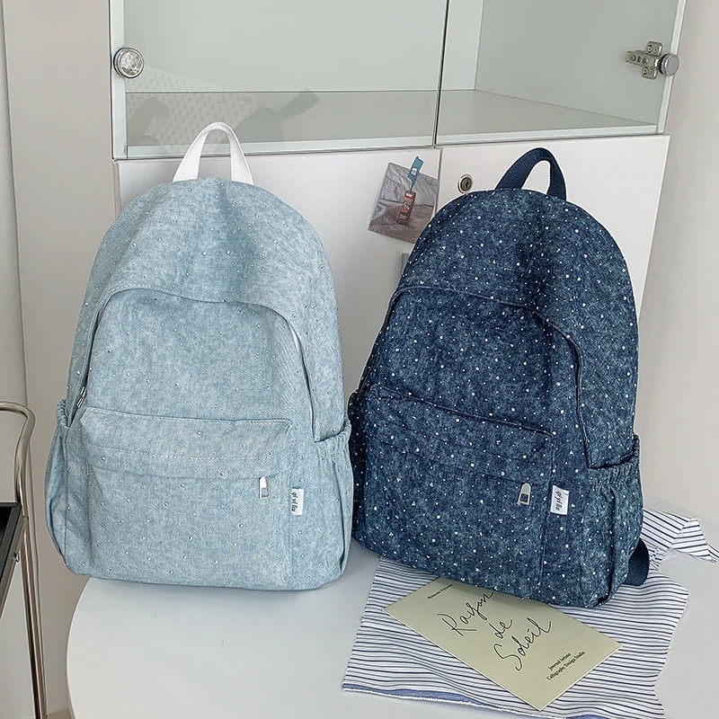 Women Denim Sparkling Rhinestones Travel Backpack Large Capacity Laptop Daypack Cute Knapsack for Shopping Work Dating Daily Use