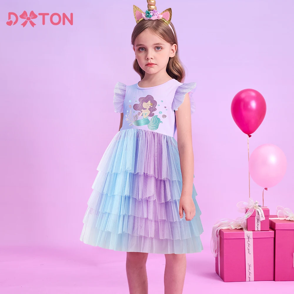 DXTON Summer Children Dress Mermaid Sleeveless Princess Girls Dress Layered Mesh Gradient Vacation Clothes Kids Prom Party Dress