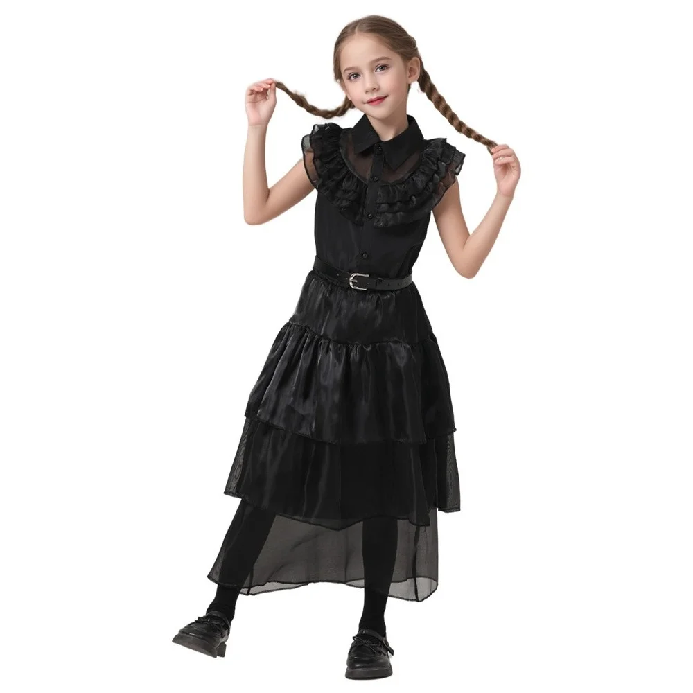فتاة الأربعاء زي الاطفال Addams تأثيري فستان الأميرة الأسود الأطفال مسابقة عشاء فستان فتاة هالوين حفلة الرقص القماش