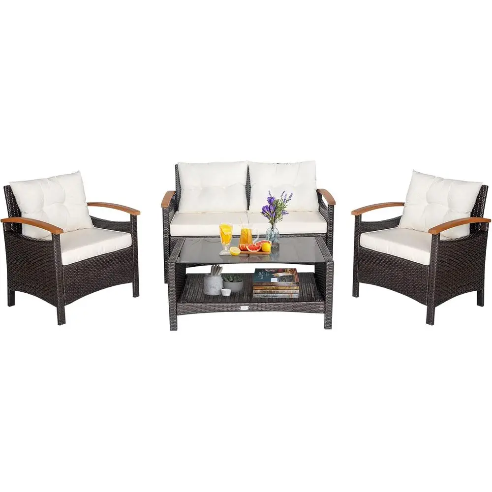 

4-Piece Outdoor Rattan Sectional Sofa Set with Cushions and Coffee Table, Ideal for Poolside, Garden, Backyard