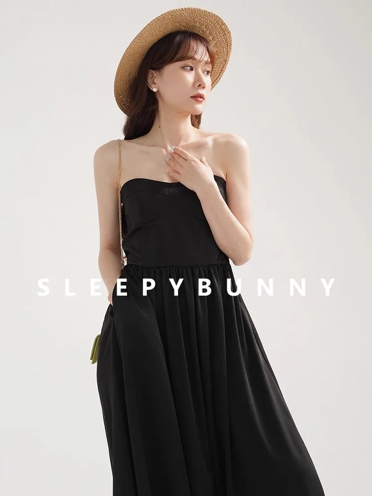

Elegant Black A-Line Dress with Built-in Bra Strapless Summer Sundress Women High Waist Slim Fit Midi Dress for Date Vacation