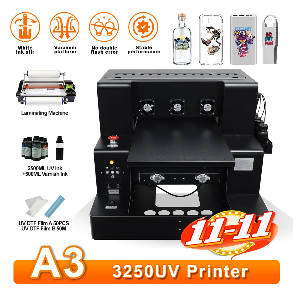 A3 UV DTF Impresora with Rotary Bottle holder, UV Ink set, Laminating Machine,UV DTF Film UV DTF Printer A3 UV Sticker Printer