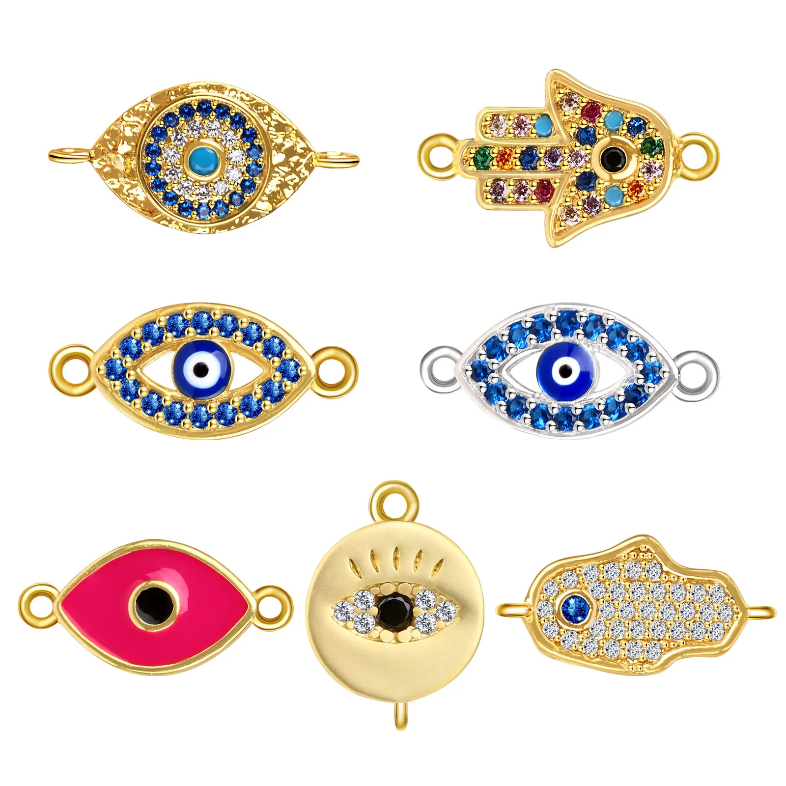 Gold-plated Brass AAA CZ Stones Hamsa Hand Of Fatima Evil Eye Charm Connector For Lovely Bracelet Jewelry DIY Making Present