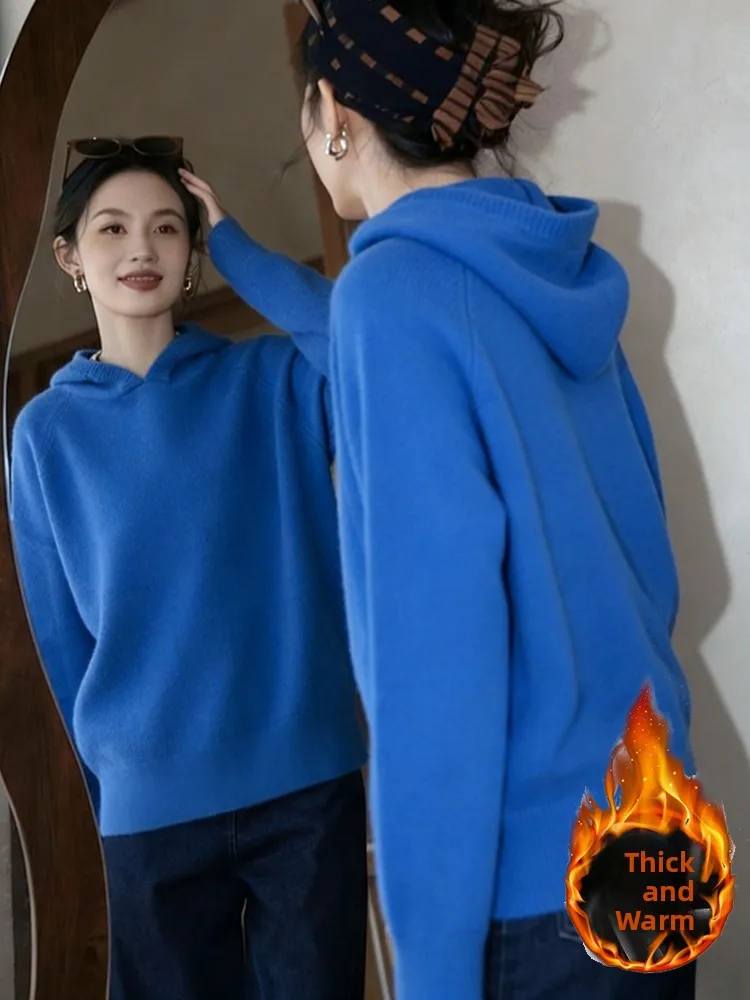 

Premium Blue Hoodie Women's Knitted Sweater Spring Autumn Outerwear Inner Match Loose Fit Long Sve Korean Sle Commute