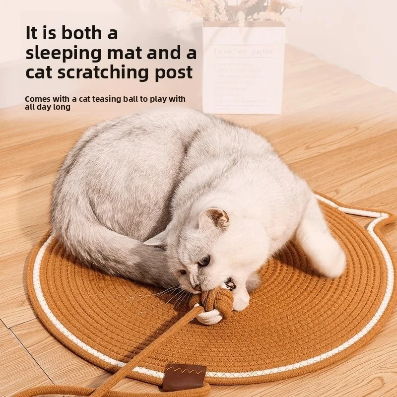 Cat Scratching Mat, Durable Cotton Rope Cat Scratcher with Self-Play Ball, 2-in-1 Sleeping & Claw Care Pad, Summer Use  cat tree
