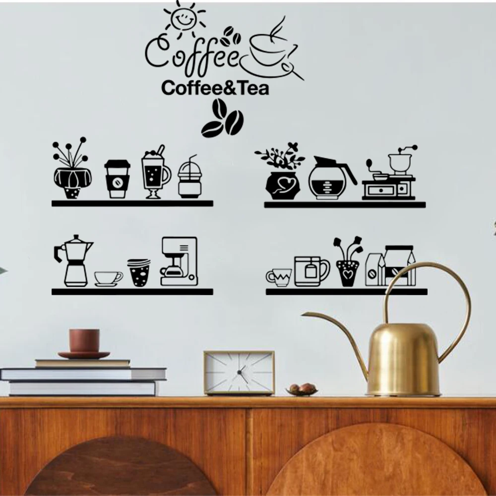 Large Coffee Bean Milk Tea Cafe Cup Wall Sticker Kitchen Coffice Break Bread Coffee Shop Cafe Glass Decals Home Decor